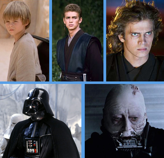 Evolution of Darth Vader (left to right, top to bottom): Jake Lloyd in Phantom Menace, Hayden Christensen in Attack of the Clones and Revenge of the Sith, David Prowse (suited) in the Original Trilogy, Sebastian Shaw (unmasked) in Return of the Jedi